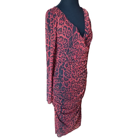 Fuzzi Jean Paul Gaultier red leopard long sleeve ruched tulle dress size XL - Picture 3 of 9